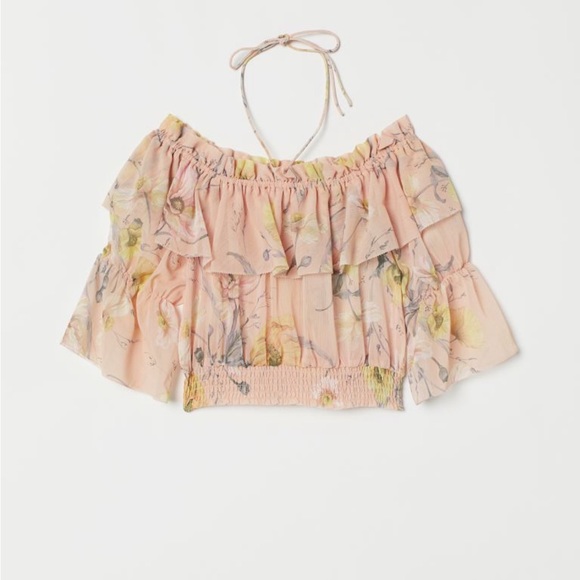 H&M hm Off the Shoulder Ruffle Beige Pink Yellow Floral Print Chiffon Top 2 NWT - Picture 9 of 16